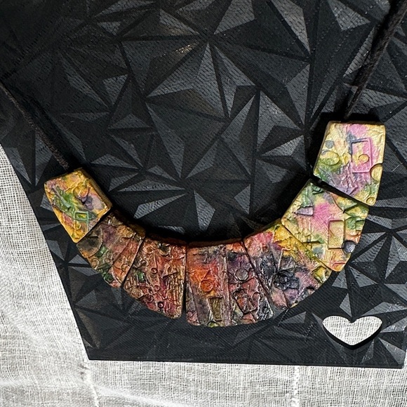 Artisan Handcrafted Multicolor Mosaic Tile Inspired Tribal Sculpted Necklace EUC - Picture 2 of 16